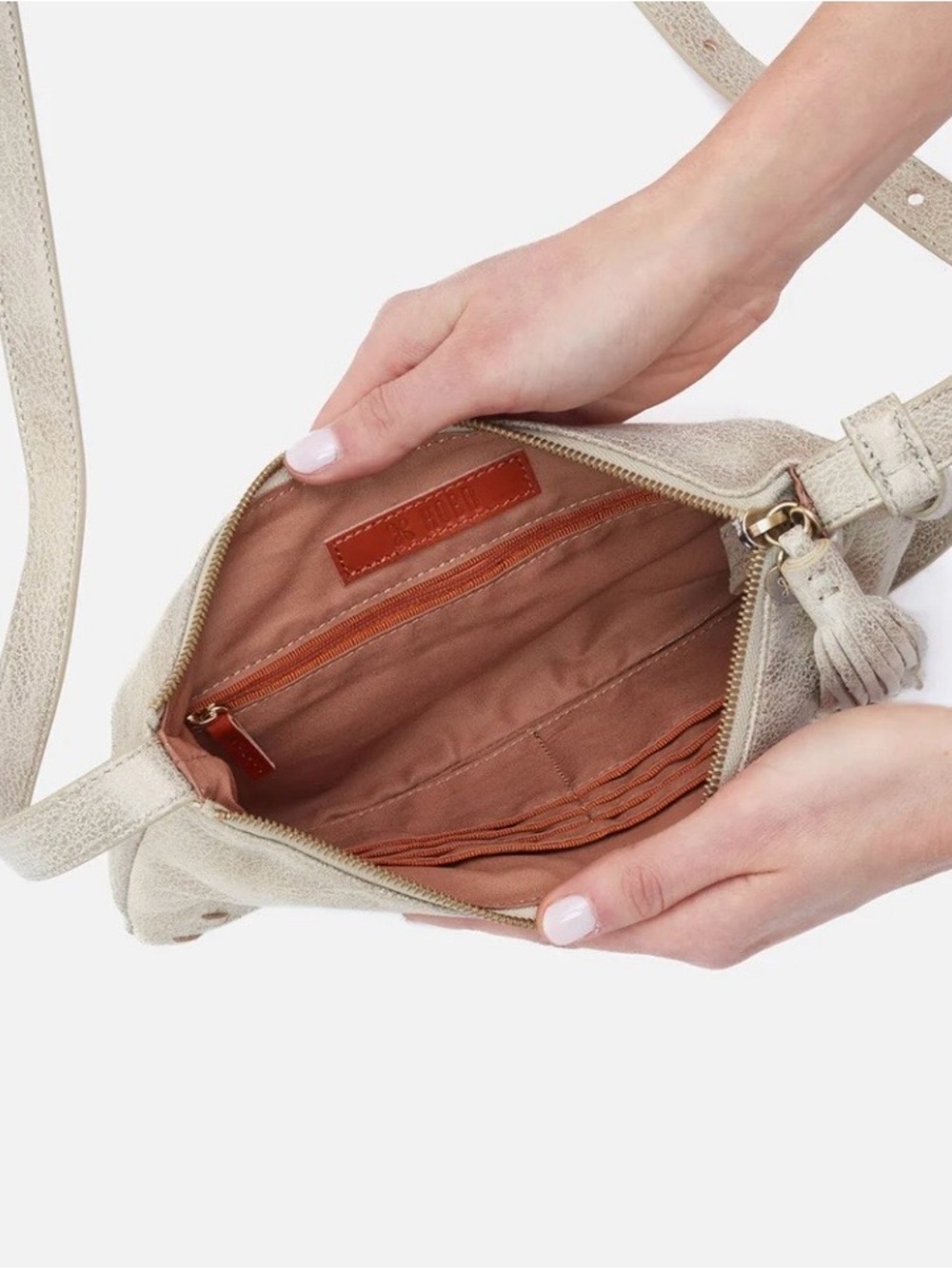 HOBO Cream Leather Crossbody with Tassel and Whipstitch Detail - Picture 3 of 6